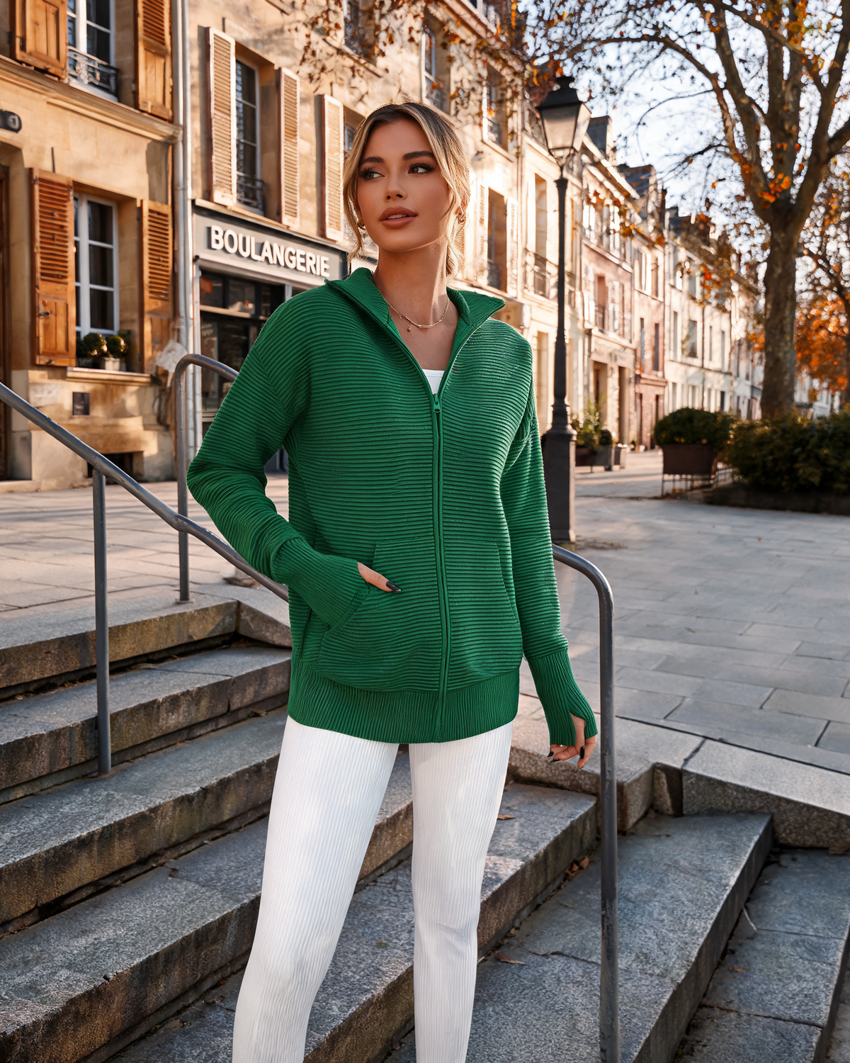 Alison Women's Full-Zip Knit Cardigan – High Neck, Thumb Holes & Kangaroo Pocket