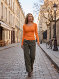 Julie Women's Ribbed Henley Top – Slim Fit, Button Front & Long Sleeves