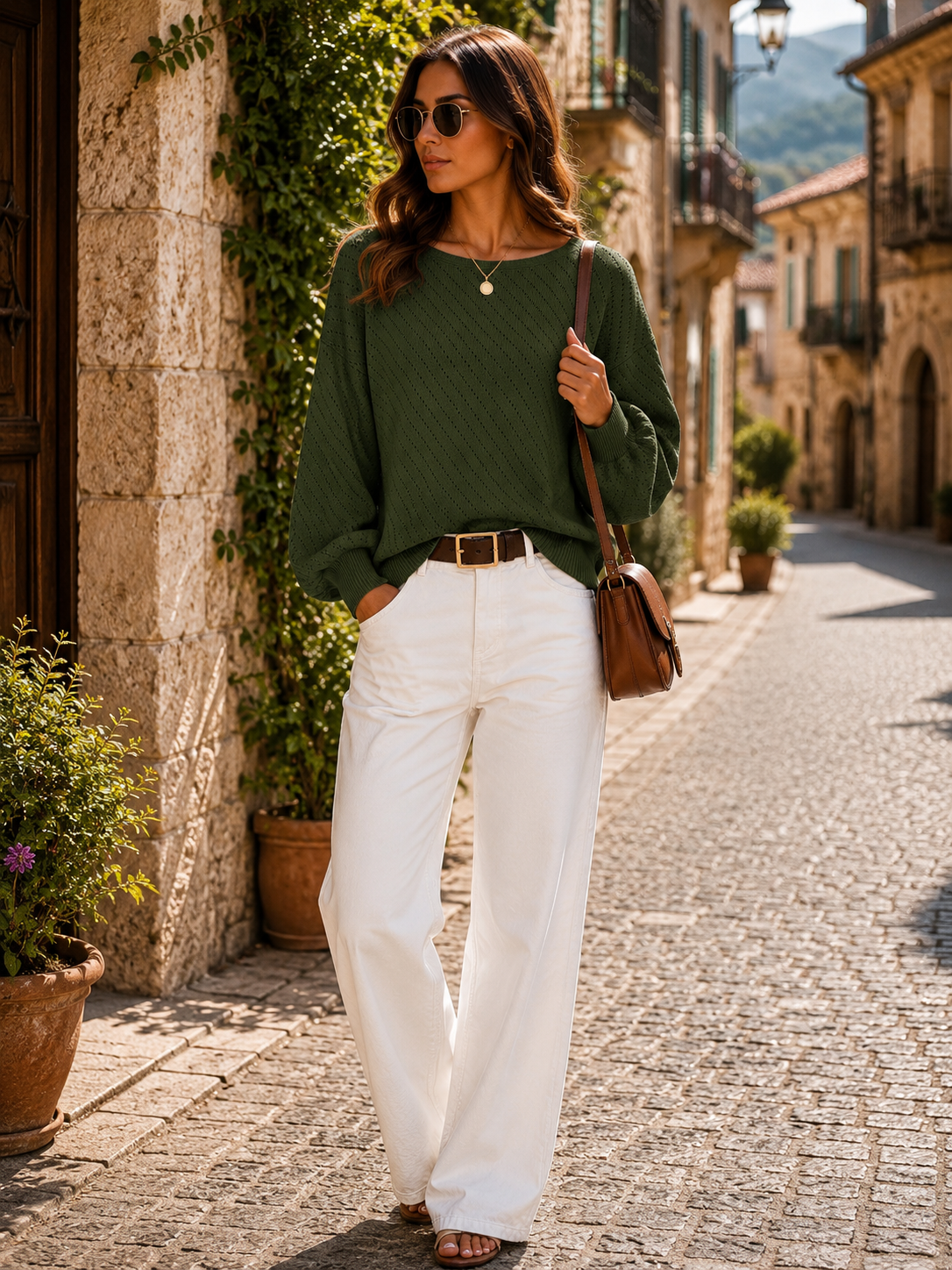 Cormag Women's Pointelle Knit Sweater – Boat Neck, Balloon Sleeves & Easy Fit