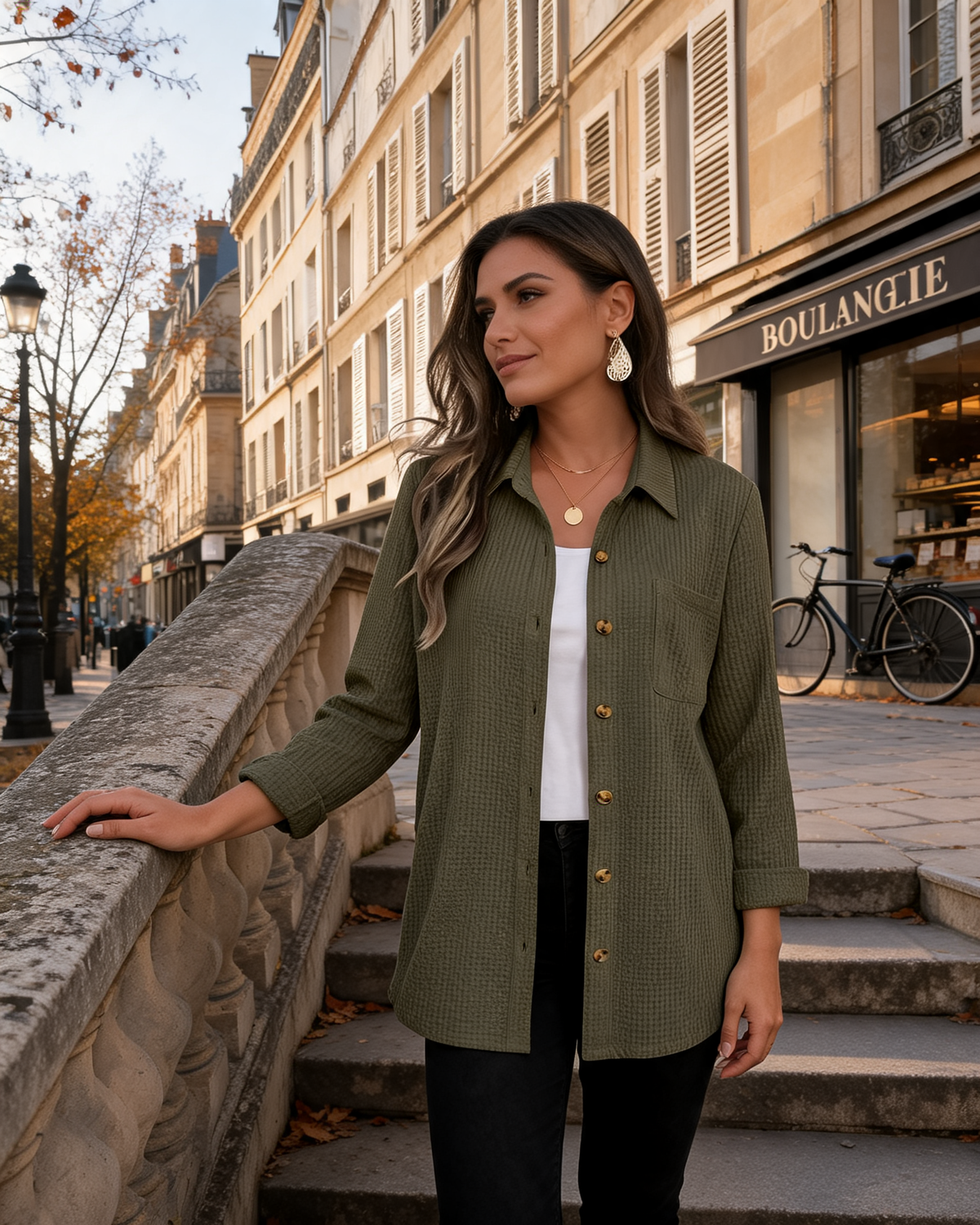 Marjorie Women's Waffle Knit Shirt – Button Front, Long Sleeves & Chest Pocket