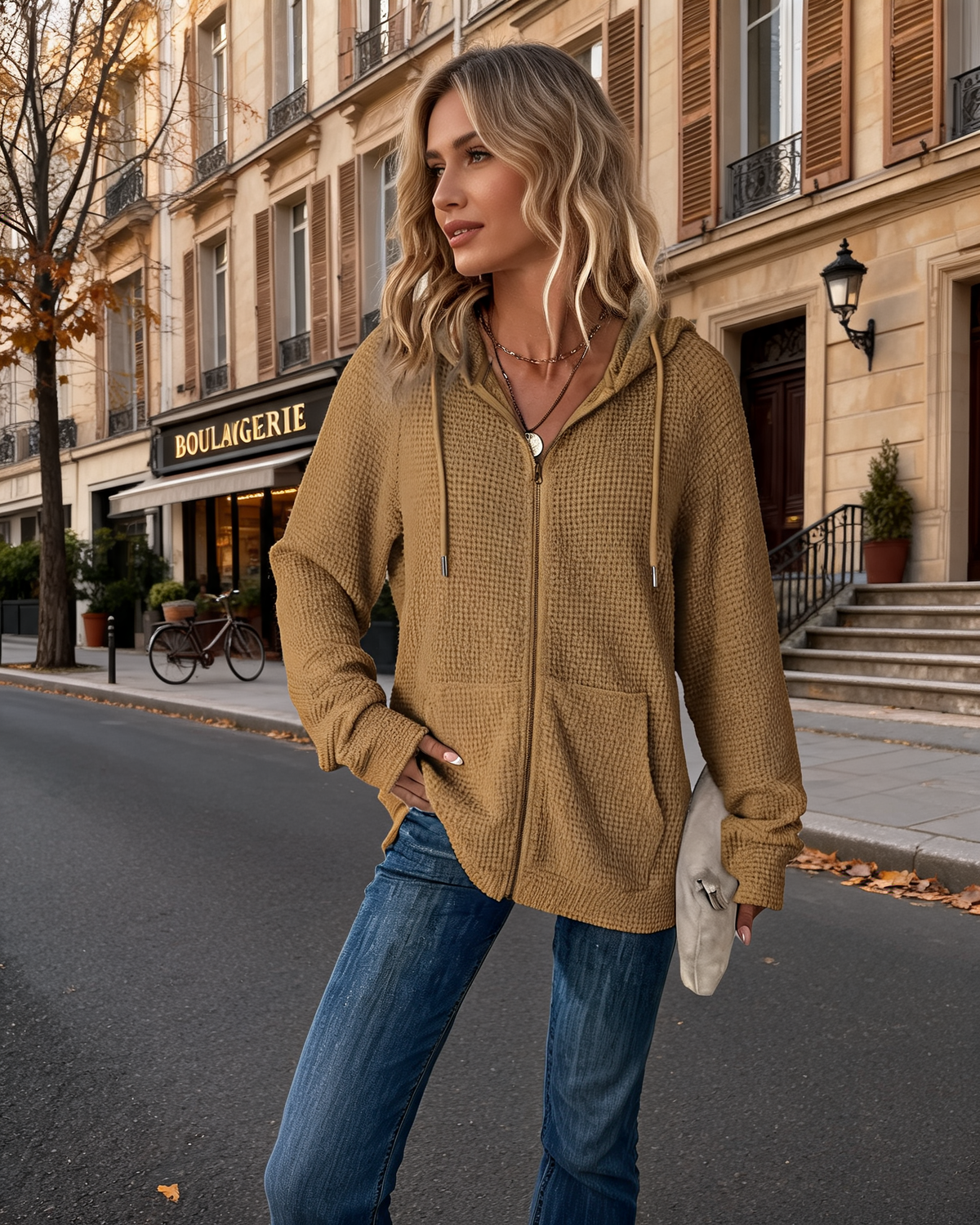 Beverly Women's Waffle Knit Zip-Up Hoodie – Drawstring Hood, Oversized Fit & 2 Pockets