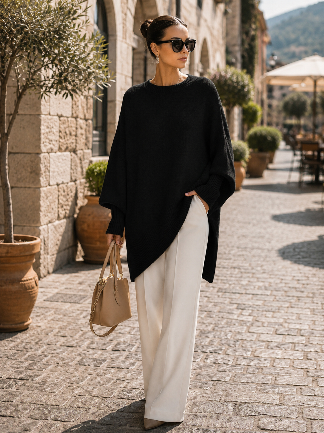 Quirin Women's Oversized Top – Round Neckline, Wide Sleeves & Ribbed Detailing