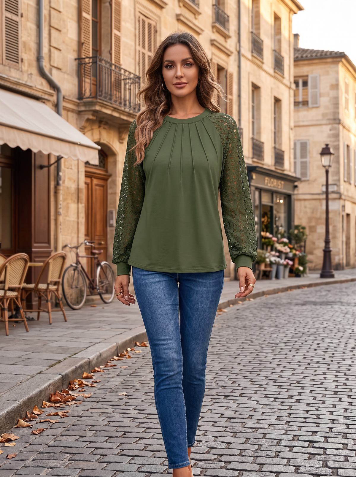 Kester Women's Lace Sleeve Top – Round Neckline, Raglan Sleeves & Pintuck Detail