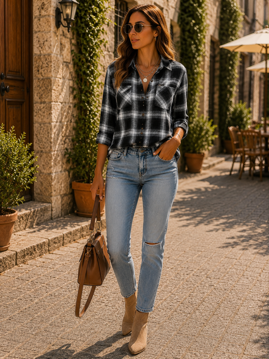 Siofra Women's Plaid Shirt – Loose Silhouette, Wooden Buttons & Front Chest Pockets