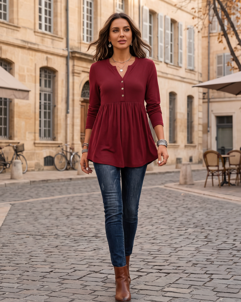 Simone Women's Henley Blouse – V-Neck, Long Sleeves, Decorative Buttons & Pleated Detail