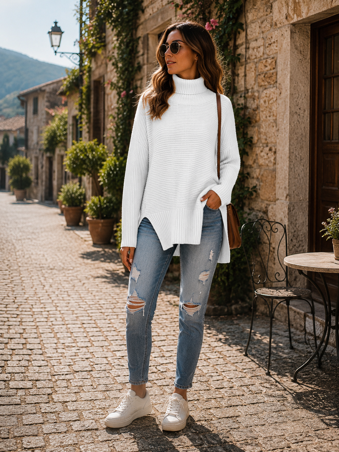 Una Women's Turtleneck Sweater – Asymmetric Hem, Side Slits & Comfortable Fit