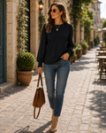 Pandora Women's Pleated Top – Crewneck, Smocked Cuffs & Easy Fit