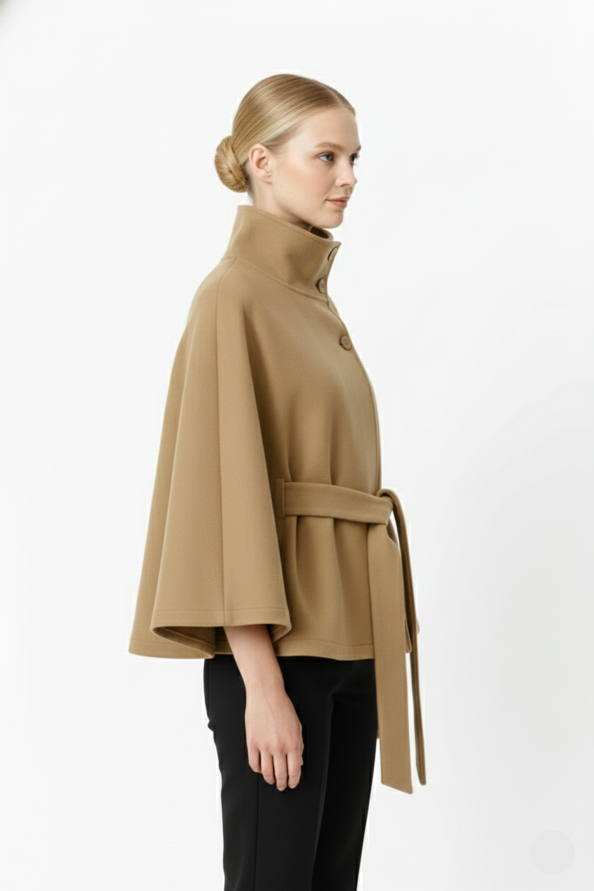Kellyn Women's Wool Coat – Chic Mandarin Collar with Detachable Belt & Easy-Going Fit