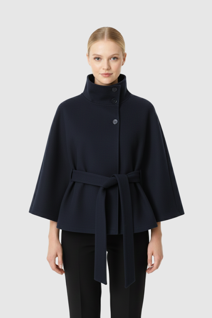 Kellyn Women's Wool Coat – Chic Mandarin Collar with Detachable Belt & Easy-Going Fit
