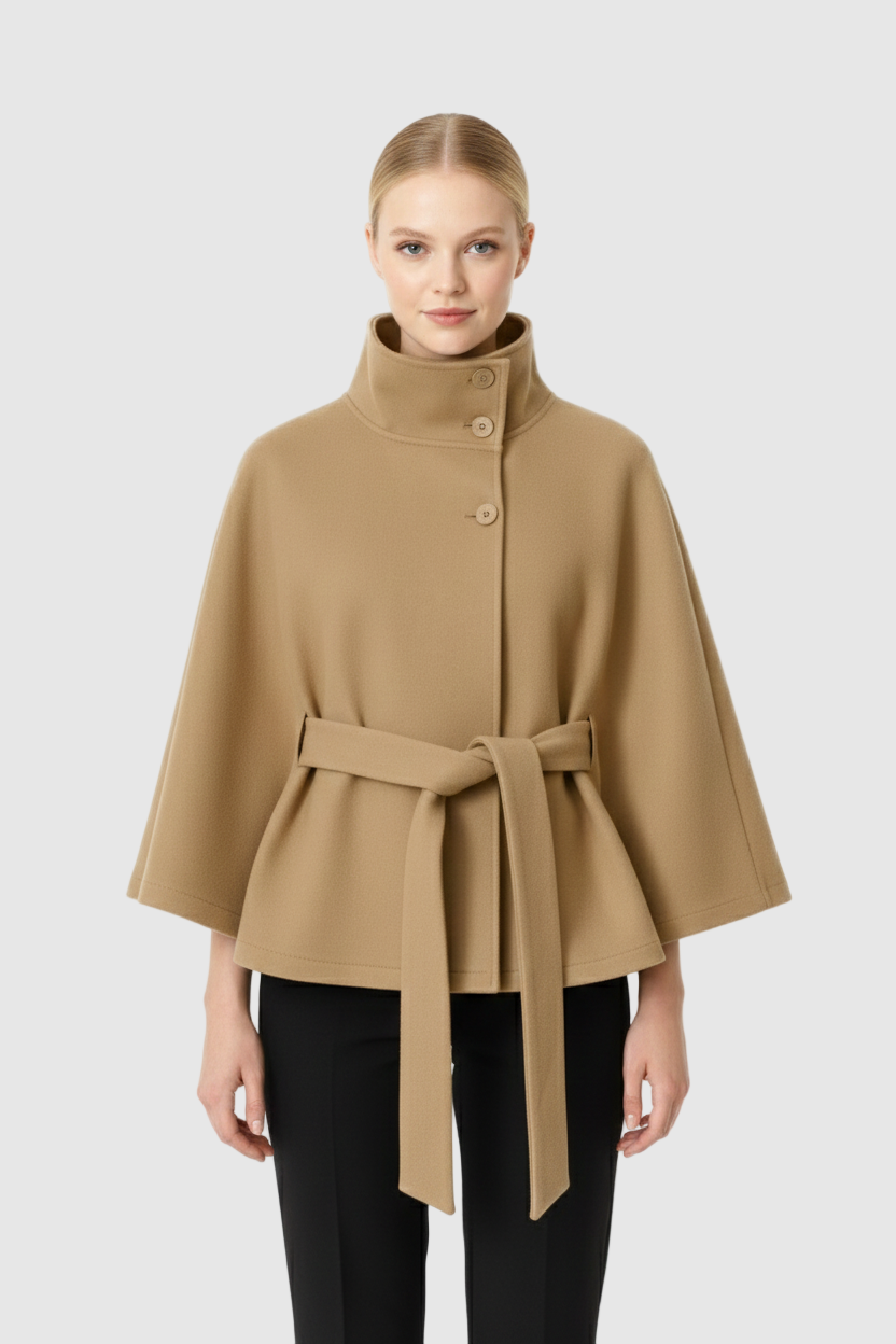 Kellyn Women's Wool Coat – Chic Mandarin Collar with Detachable Belt & Easy-Going Fit