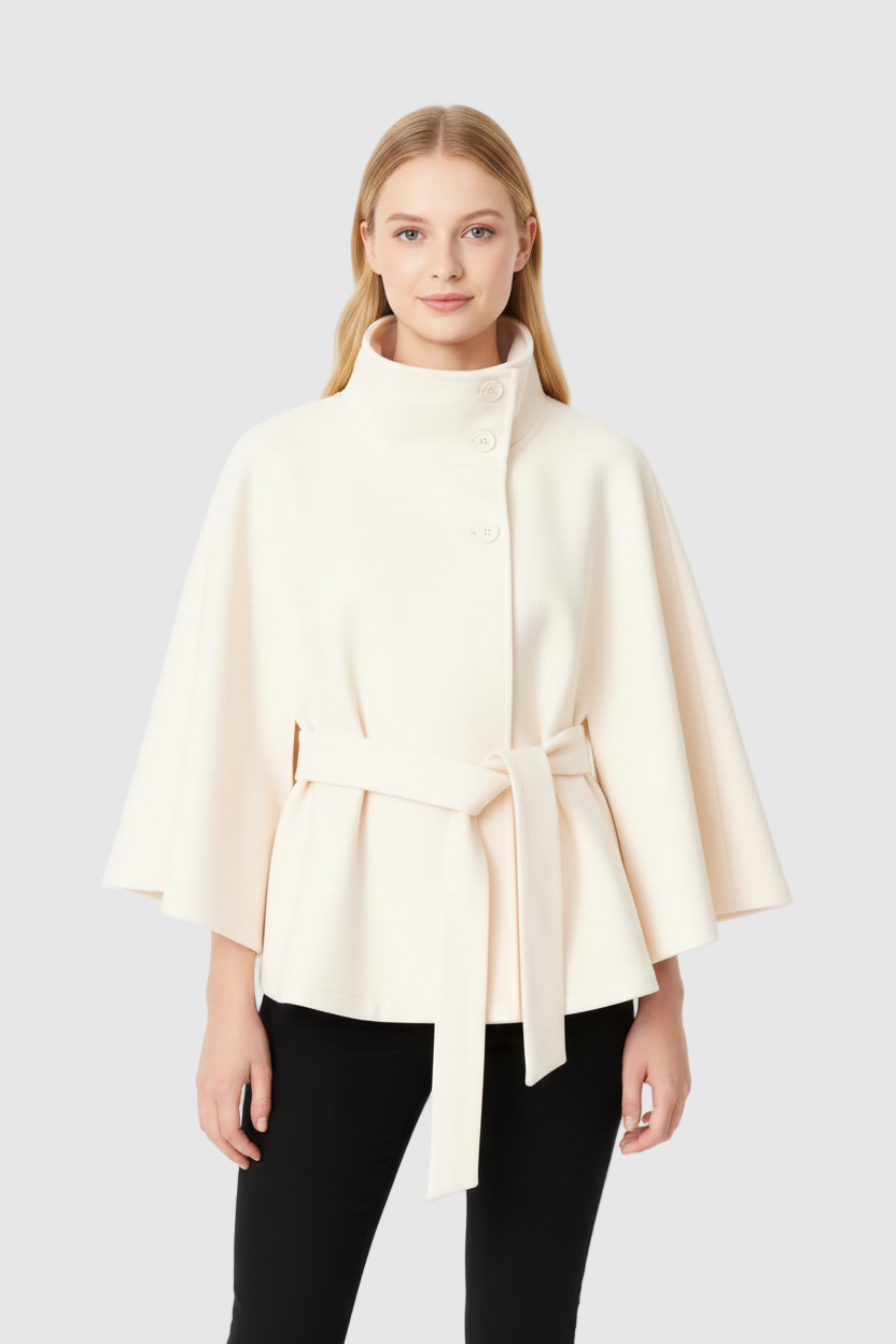 Kellyn Women's Wool Coat – Chic Mandarin Collar with Detachable Belt & Easy-Going Fit