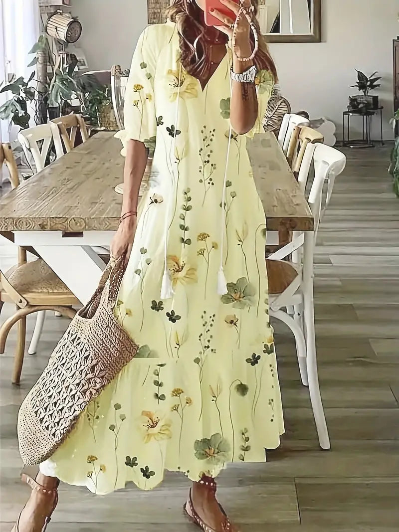 Corvin Women's Boho Dress – Refined Ruffled Summer Dress with V-Neckline & Ikat Print