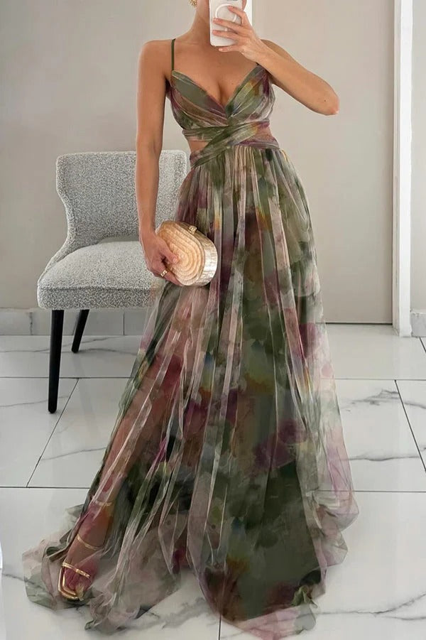 Branwen Women's Long Dress – Floral Summer Dress with Adjustable Closure & Flowing Silhouette