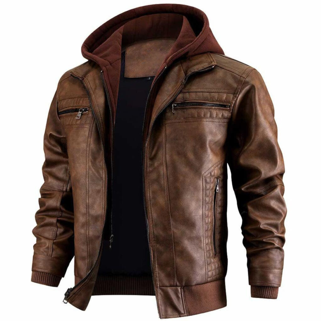 Leofric Men's Leather Jacket – Retro Biker Style with Hood & Zip Closure