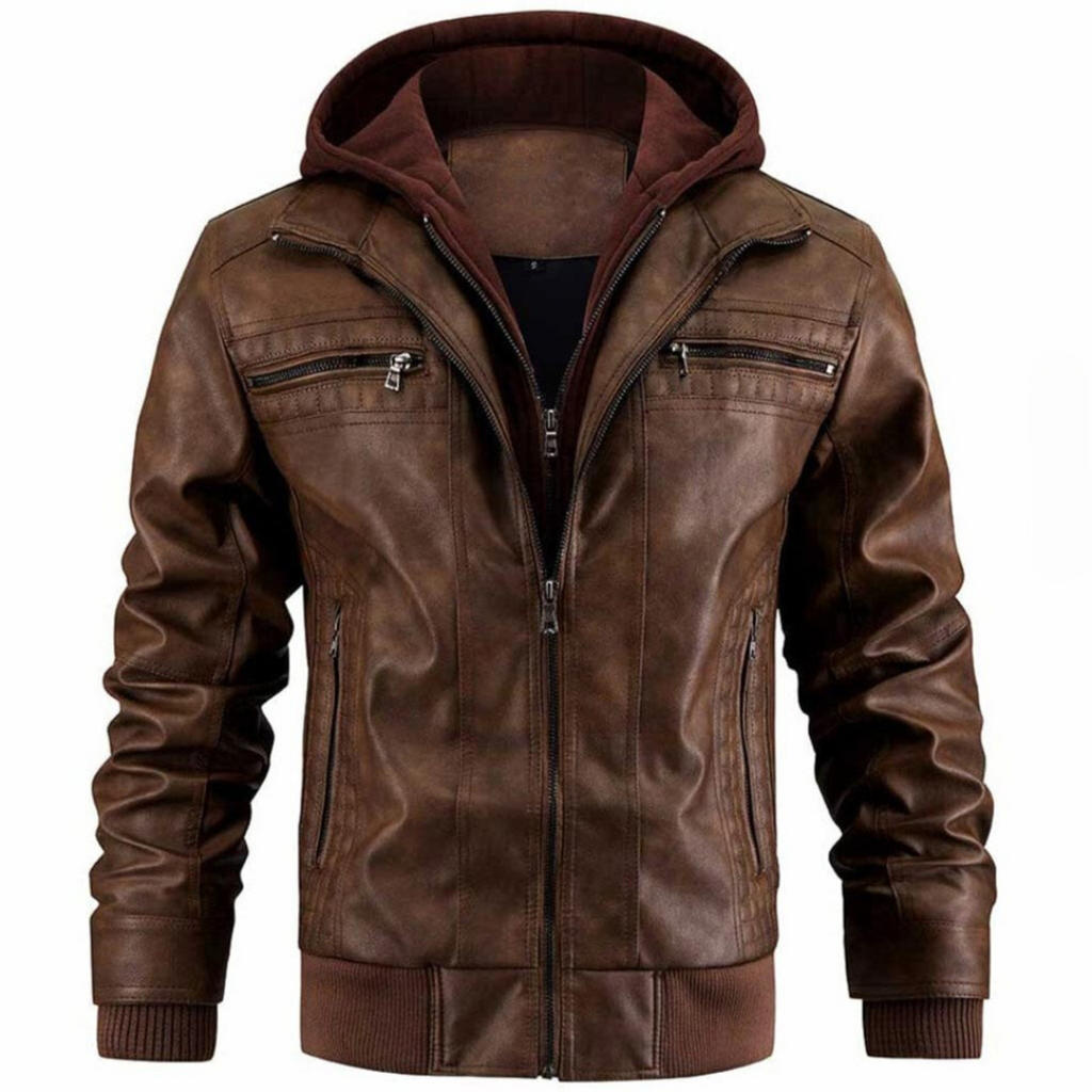 Leofric Men's Leather Jacket – Retro Biker Style with Hood & Zip Closure
