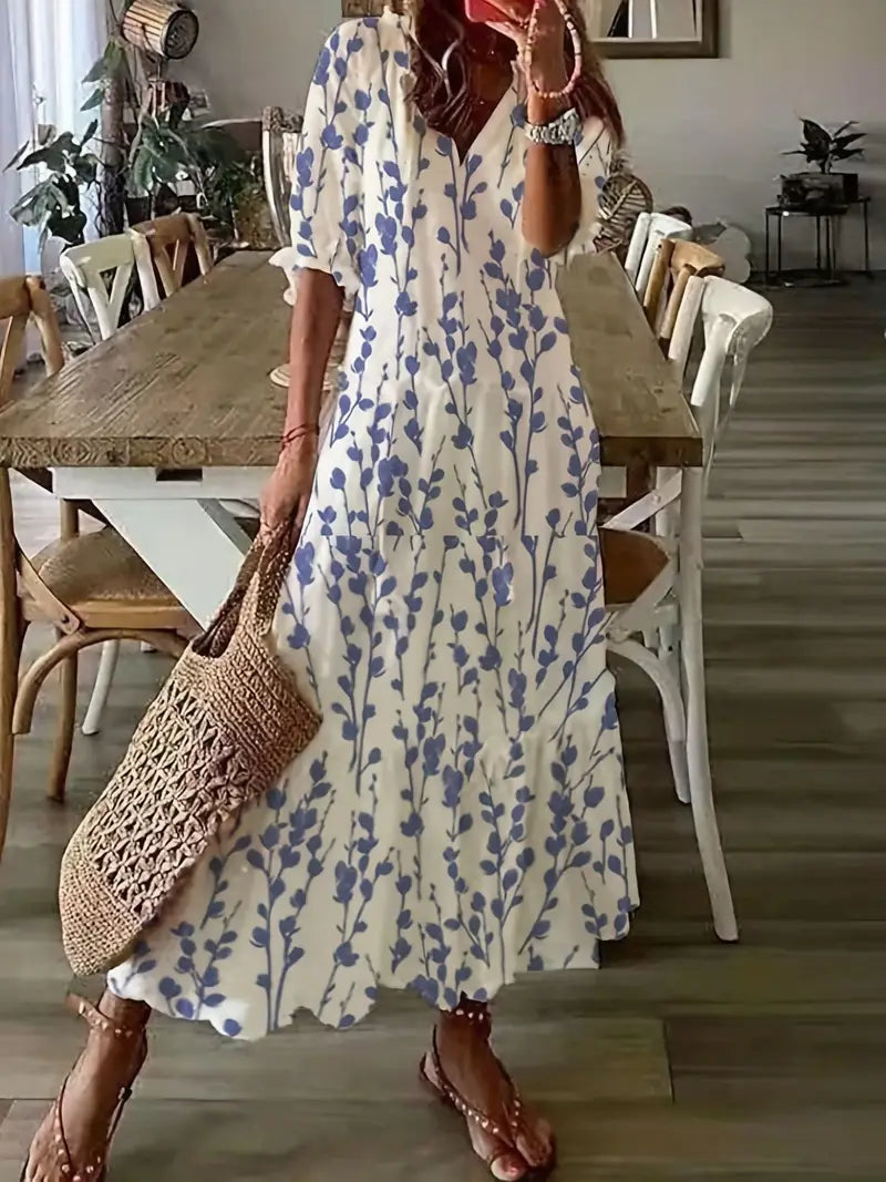 Corvin Women's Boho Dress – Refined Ruffled Summer Dress with V-Neckline & Ikat Print