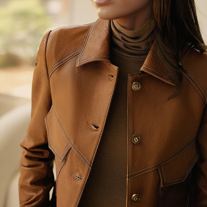 Elphine Women's Leather Jacket – Sophisticated, Plush & Sophisticated with Distinctive Collar and Handy Pockets