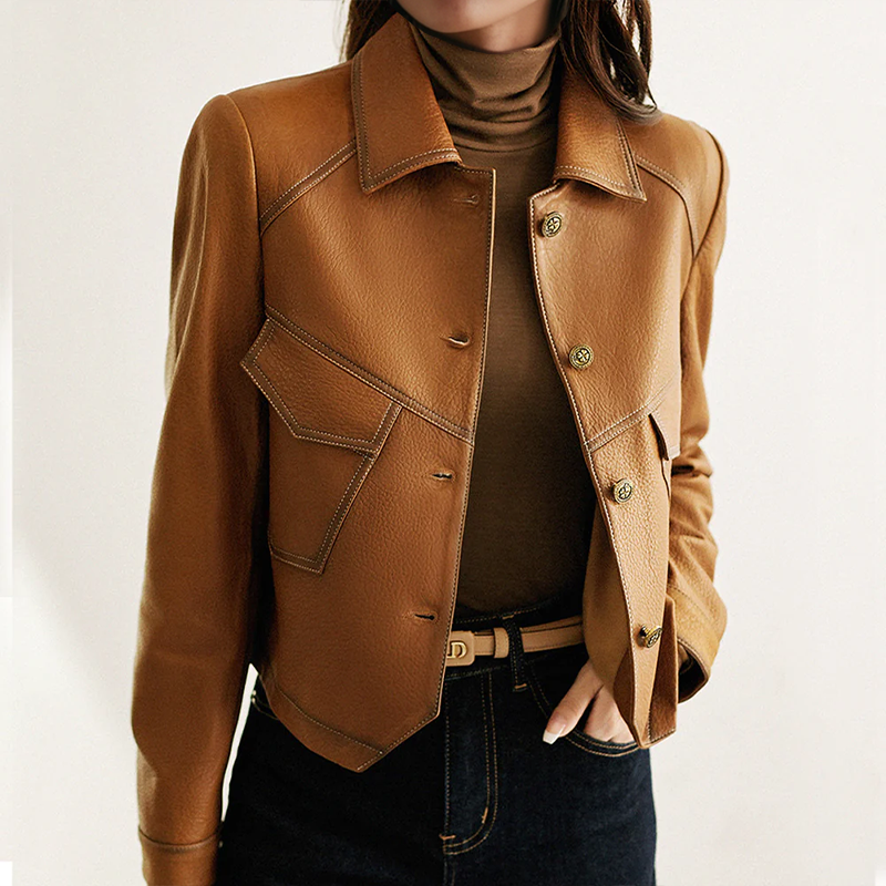 Elphine Women's Leather Jacket – Sophisticated, Plush & Sophisticated with Distinctive Collar and Handy Pockets