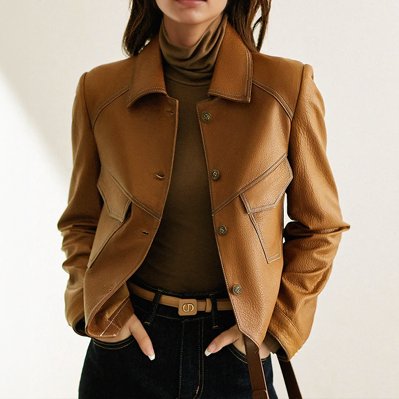 Elphine Women's Leather Jacket – Sophisticated, Plush & Sophisticated with Distinctive Collar and Handy Pockets