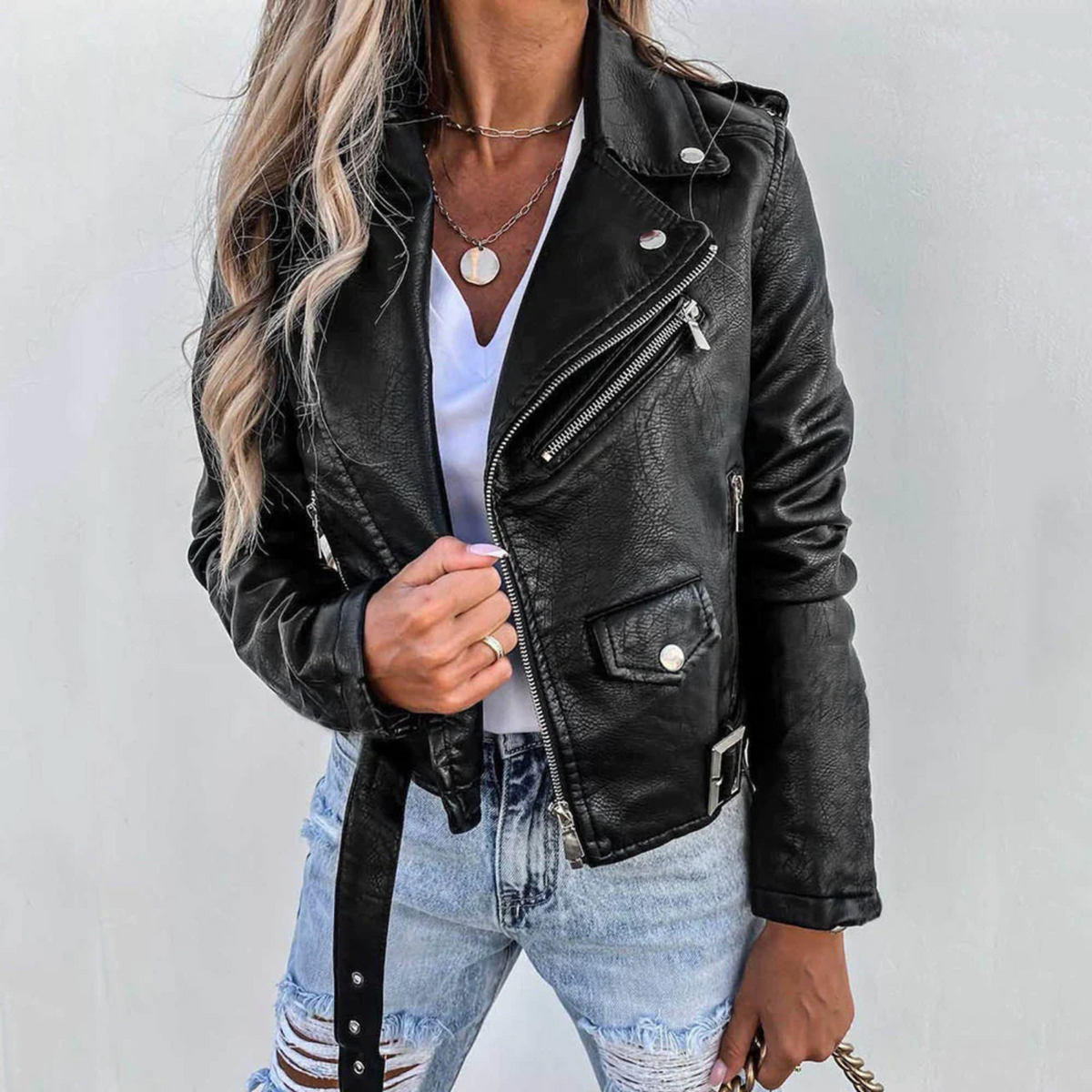 Ragnhild Women's Leather Jacket – Luxury Leather with Mandarin Collar, Belt & Refined Design