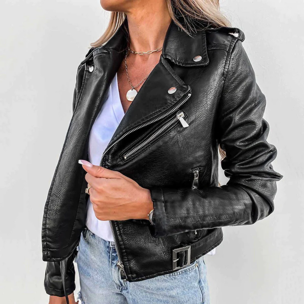 Ragnhild Women's Leather Jacket – Luxury Leather with Mandarin Collar, Belt & Refined Design