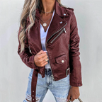 Ragnhild Women's Leather Jacket – Luxury Leather with Mandarin Collar, Belt & Refined Design