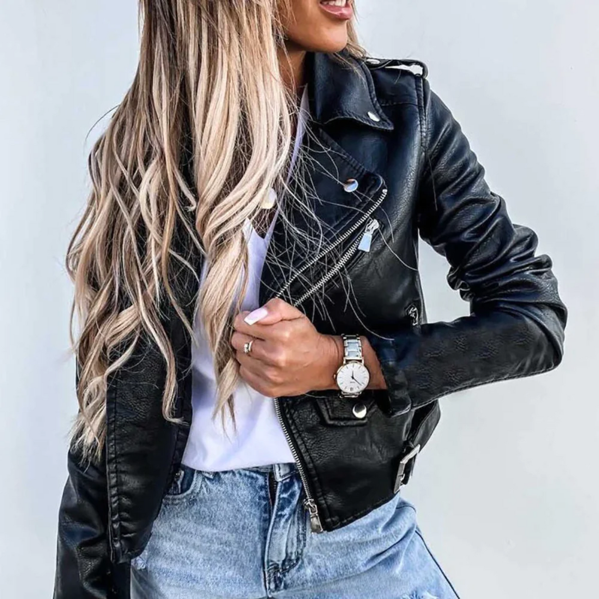 Ragnhild Women's Leather Jacket – Luxury Leather with Mandarin Collar, Belt & Refined Design