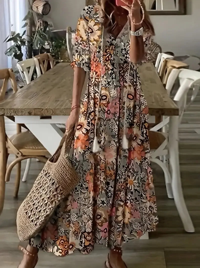 Corvin Women's Boho Dress – Refined Ruffled Summer Dress with V-Neckline & Ikat Print