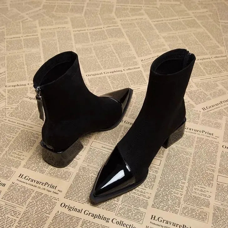 Yannick Ankle Boots for Women – Refined Suede Boots with Patent Accents & Comfy Block Heel
