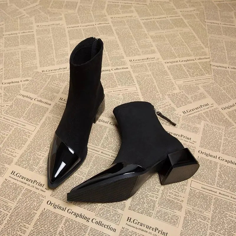 Yannick Ankle Boots for Women – Refined Suede Boots with Patent Accents & Comfy Block Heel