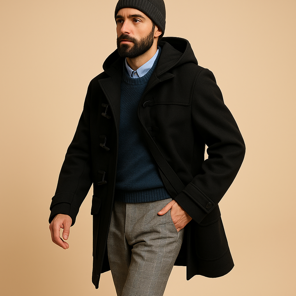 Yolande Men's Long Coat – Sophisticated Extended Cut with Front Closure & Side Slip Pockets