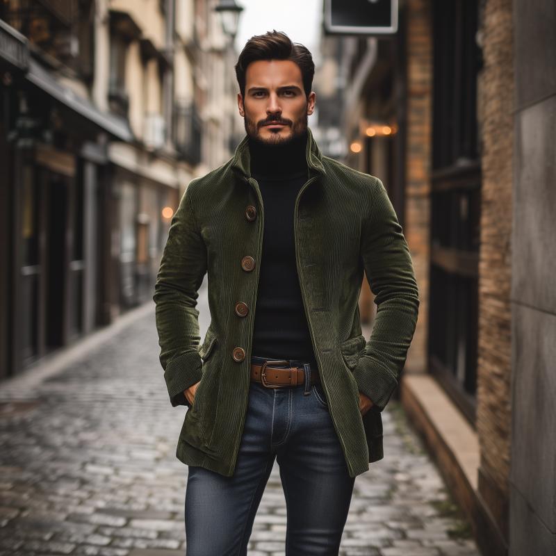 Valdemar Men's Corduroy Coat – Fitted Silhouette with Mandarin Collar & Sophisticated Side Slip Pockets