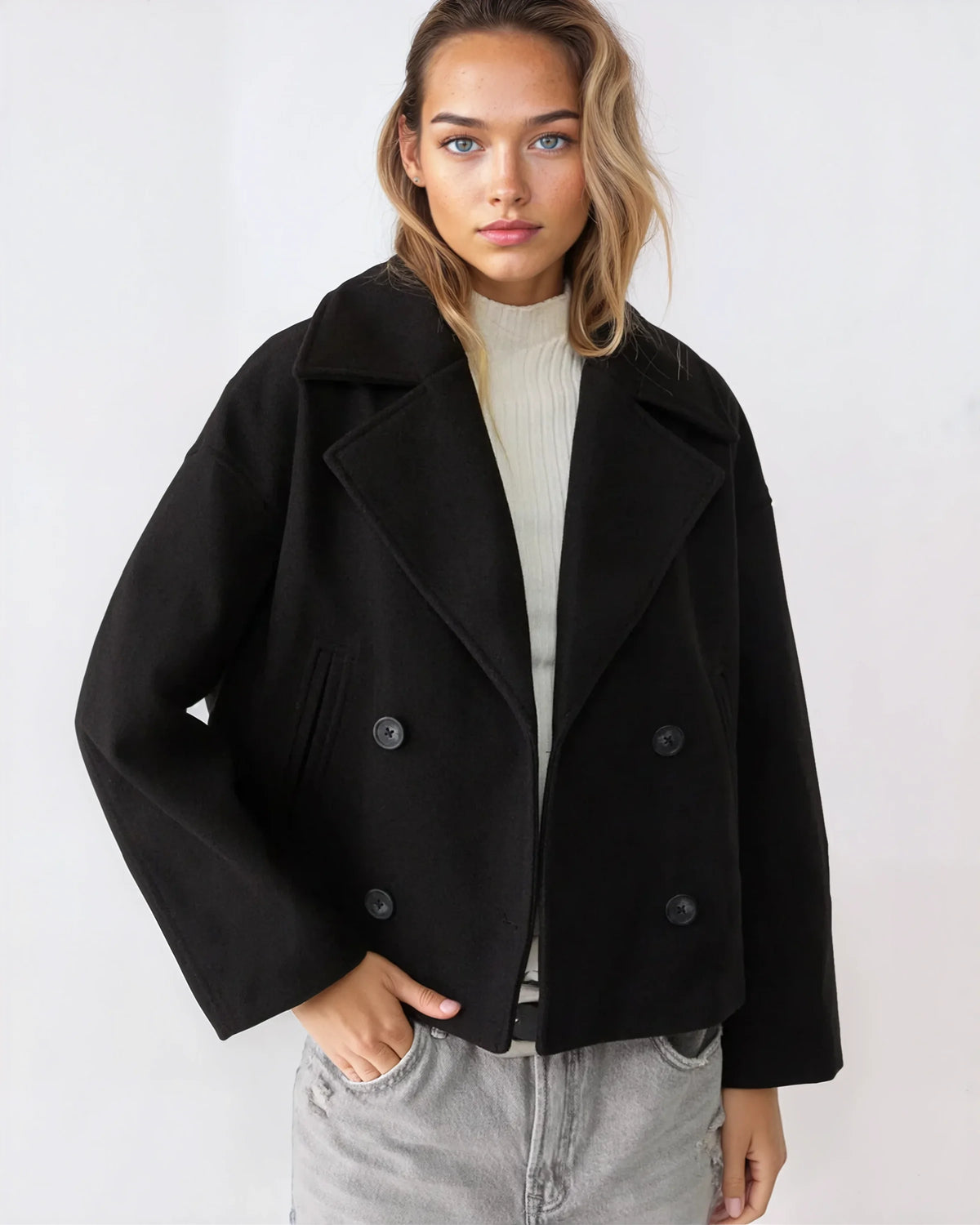 Una Women's Jacket – Short Wrap-Style Wool Coat, Refined & Cozy for Winter