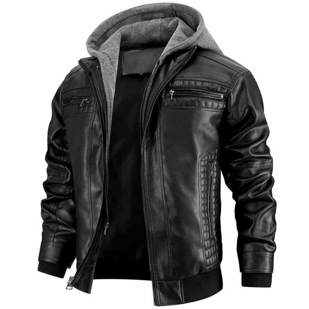 Leofric Men's Leather Jacket – Retro Biker Style with Hood & Zip Closure
