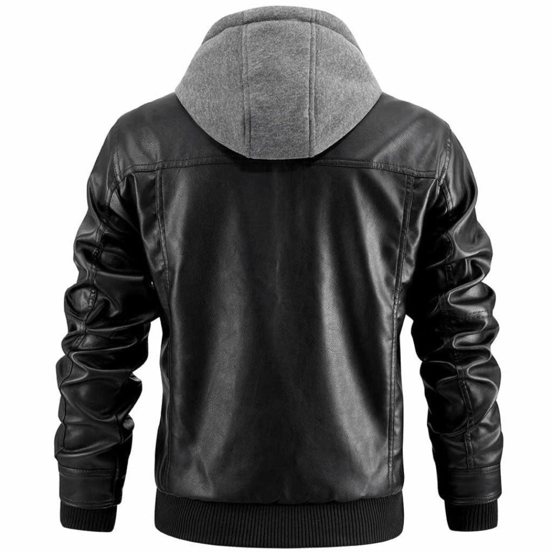 Leofric Men's Leather Jacket – Retro Biker Style with Hood & Zip Closure